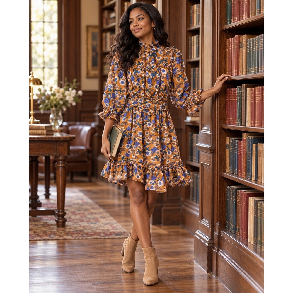 NWT Walter Baker Eisa Floral Ruffle Nibj Dress Brown Boue Size 0